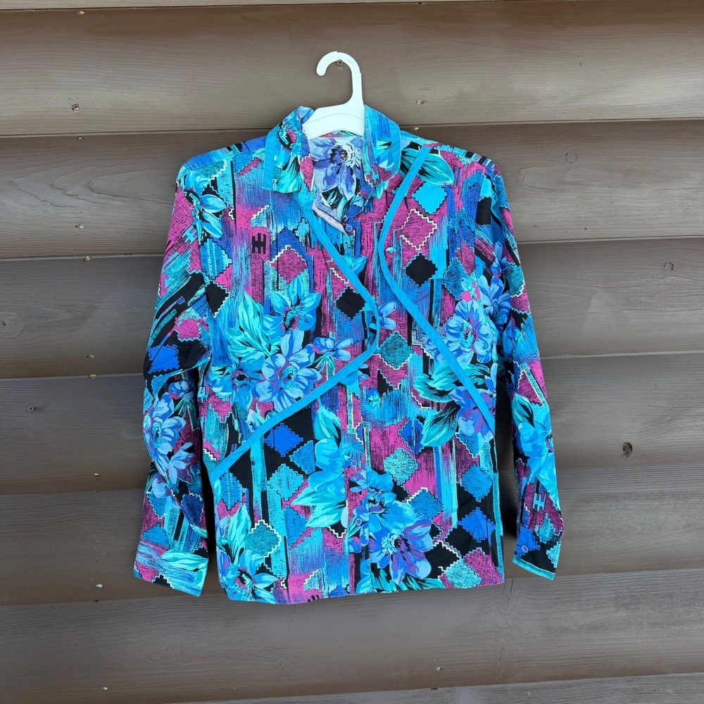 Vtg 90s‎ Wrangler Western Shirt Sz S/M Abstract Floral Geometric Print Blue/Pink